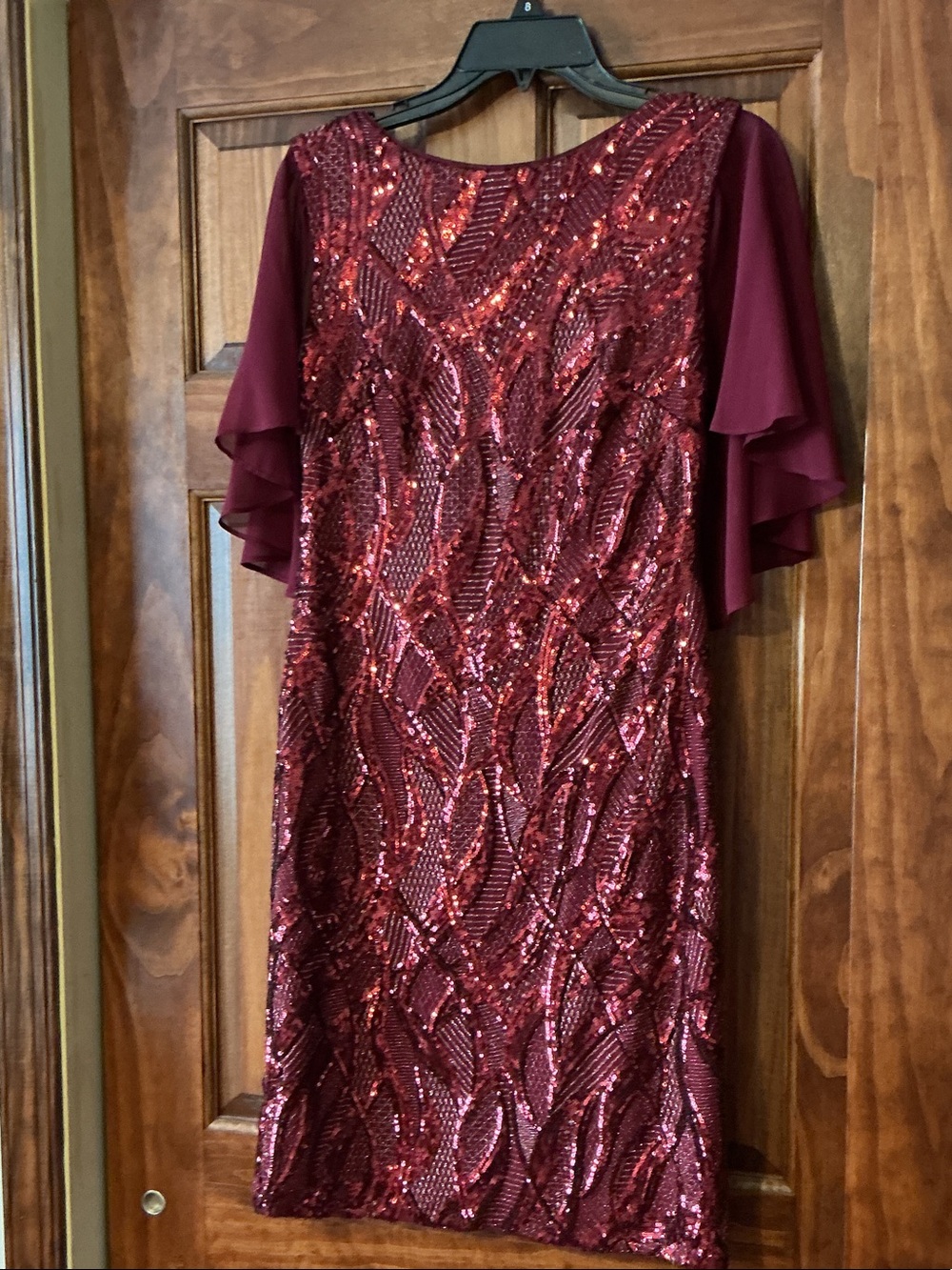 R&M Richards Wine Sequin Midi Dress with Flutter Sleeves
